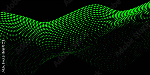 Abstract dot wave line with moving particles on dark background . Medium banner size. Element for design. Dynamic particle waves in a halftone gradient create a flowing dot curve on a black Background