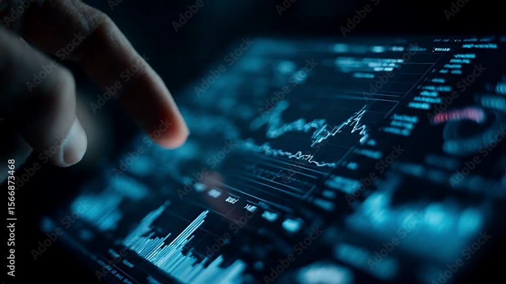 Finger touching a digital screen displaying stock market data in blue tones close up view Finger touching a digital screen displaying stock market data in blue tones close up view