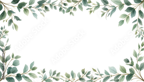 Delicate eucalyptus branches with green leaves frame a clean, white space for text or design elements, perfect for an elegant, natural presentation.