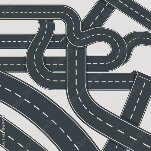 Abstract tangled road network with dashed white lines on a light background