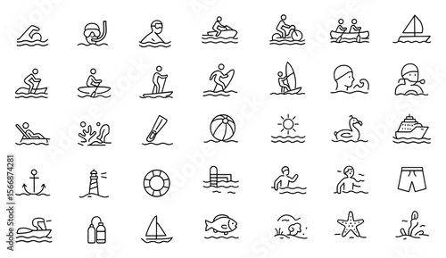 Water sports and recreation icon set with adjustable line weight, depicting lake, ocean, river, pool activities like swimming, snorkeling, sailing, kayaking, paddleboarding, beach fun