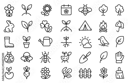 Spring Bloom Vector Icon Set | Nature, Gardening & Outdoor Symbols | Adjustable Line Weight | Flower, Butterfly, Bee, Bunny, Leaf, Clover, Picnic, Growth, Camp, Garden Icons