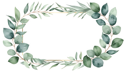 Elegant oval frame with watercolor eucalyptus branches and golden border, perfect for wedding invitations or botanical designs