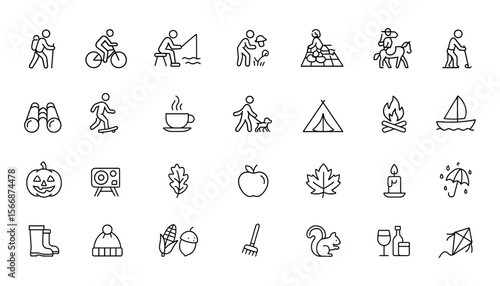 Fall activity icon set with adjustable line weight. Outline style icons illustrating autumn hobbies like hiking, camping, fishing, mushroom picking, birdwatching, cycling, and more