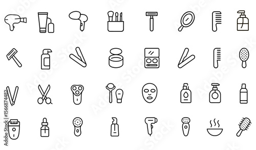 Grooming & Beauty Icon Set: Hair Styling Tools, Makeup Accessories, Razors, Mirrors, Combs, Flat Irons & More | Vector Collection for Salon, Spa & Branding Design, Wellness, Skincare