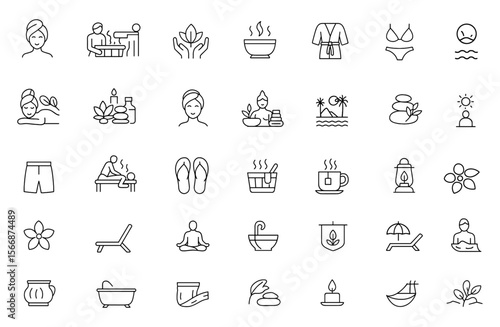 Relaxing Spa Icon Set Vector | Wellness, Massage, Sauna, Aromatherapy, Hot Tub, Steam, Beauty, Zen, Bath, Swim, Robe, Towel, Flip Flops, Jacuzzi, Therapy, Resort, Luxury, Calmness