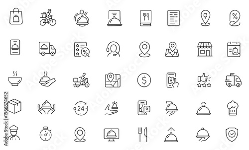 Vector Food Delivery Icon Set | Adjustable Line Weight | Fast takeaway, bicycle courier, shopping bag, menu, mobile app, discount, van, review, support, order, logistics, tracking