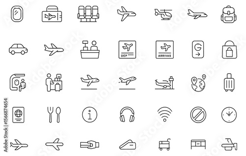 Vector Air Travel Icon Set with Adjustable Line Weight – Includes Plane Window, Boarding Pass, Seats, Luggage, Seatbelts, Helicopter, Jet, Backpack & Airport Symbols for Flight