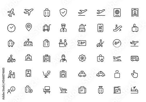 Flight and Travel Icons Vector Set – Airport Luggage, Security, Boarding, Terminal, Passport, Airline Symbols for Travel Apps, Website UI, Aviation, Departure & Arrival Signs,