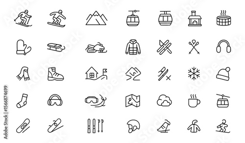 Ski Resort Icon Set Vector | Skiing, Snowboarding, Mountain Gear, Lift, Cabin, Fireplace, Hot Tub, Mittens, Sled, Snowmobile, Coat, Slope & Winter Trail Icons | Adjustable Line Weight