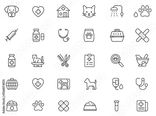 Veterinary Icon Set Vector | Adjustable Line Weight | Pet health, vet clinic, animal care, grooming tools, medication, syringe, stethoscope, nutrition, treatment, diagnostic equipment