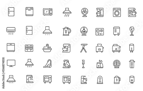 Home Appliances Icon Set Vector | Adjustable Line Weight | Household Electronics: Refrigerator, Dishwasher, Microwave, Oven, Air Conditioner, Coffee Maker, Washing Machine