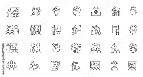 Workshop Training Icon Set – Editable Line Weight, Teamwork, Collaboration, Learning, Coaching, Skills, Presentation, Growth, Development, Leadership, Strategy, Empowerment, Success