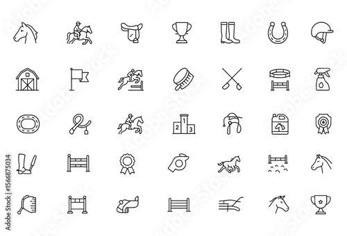Equestrian Vector Icon Set with Adjustable Line Weight – Horse Rider, Saddle, Trophy, Helmet, Boots, Fence, Stirrups, Medal, Stable, Jump, Grooming & Competition Icons, Racing, Training