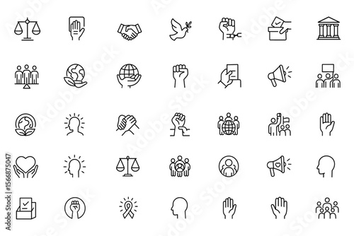Justice and Ethics Icon Set Vector | Adjustable Line Weight | Human Rights, Equality, Democracy, Law, Peace, Freedom, Activism, Solidarity, Sustainability, Empowerment Icons, social responsibility,