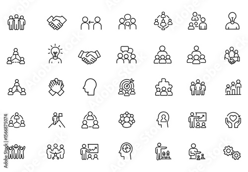 Collaborative Teamwork Icon Set with Adjustable Line Weight – Vector Symbols for Partnership, Communication, Leadership, Brainstorming, Unity, Support, Trust, Strategy