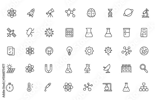 Vector Science Icon Set – Microscope, DNA, Atom, Rocket, Telescope, Molecules, Brain, Planet, Virus, Bacteria, Satellite, Calculator, Flask, Beaker, Globe, Radar, Test Results, STEM