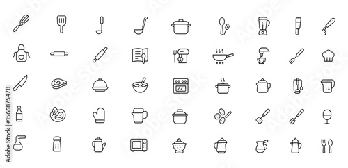Adjustable Line Weight Kitchen Vector Icon Set | Cookware, Utensils, Whisk, Spatula, Pot, Pan, Ladle, Blender, Cleaver, Corkscrew, Rolling Pin, Recipe, Grater Icons, Cooking Tools, Chef Gear