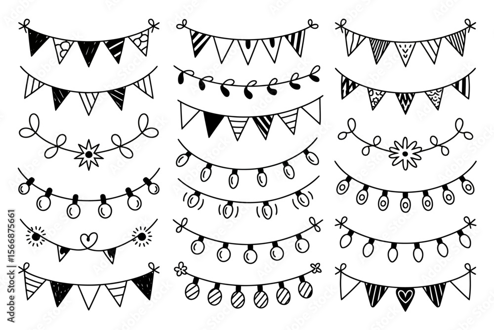 Doodle style party garland and string light set, monochrome bunting border, festive celebration frame, hand drawn vector