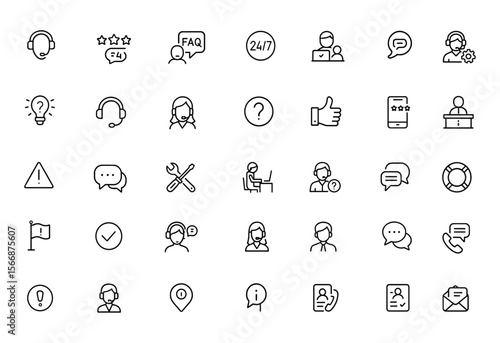 Customer Service Vector Icon Set – 24/7 Online Support, Helpdesk, Headset, Feedback, FAQ, Rating, Positive Review, Troubleshooting, Mobile Chat, Satisfaction, Thumbs Up