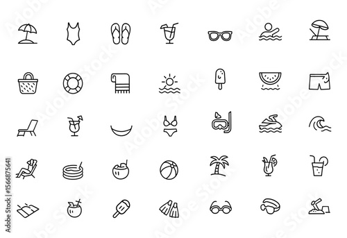 Summer Beach Icon Set | Vector Illustration | Seaside Vacation, Swimming, Flip Flops, Umbrella, Sunglasses, Cocktail, Lifebuoy, Towel, Relaxation, Picnic, Resort Icons
