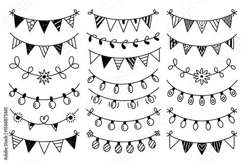 Doodle style party garland and string light set, monochrome bunting border, festive celebration frame, hand drawn vector