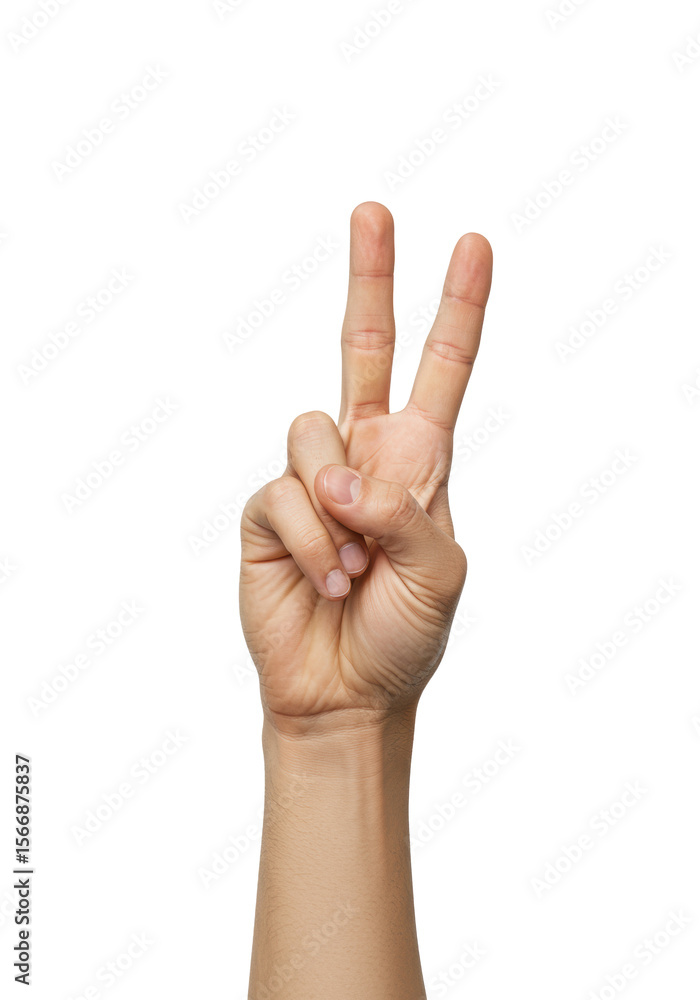 Adult human hand with light-to-medium skin tone making a precise V-sign gesture, held steady, against a pristine transparent seamless studio background with high key lighting, isolated, commercial Adult human hand with light-to-medium skin tone making a precise V-sign gesture, held steady, against a pristine transparent seamless studio background with high key lighting, isolated, commercial