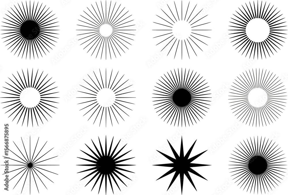 Monochrome starburst and sunburst icon collection, abstract burst shapes, retro vector, vintage decorative elements, classic design