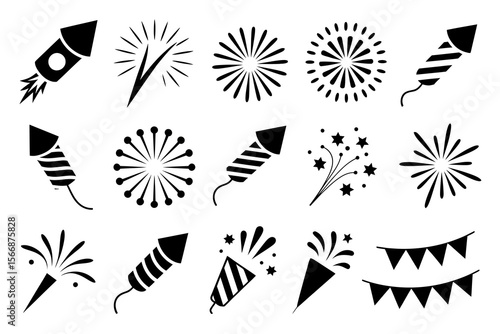Black and white firework and rocket icon set, festive celebration elements, party burst vector, holiday event illustration