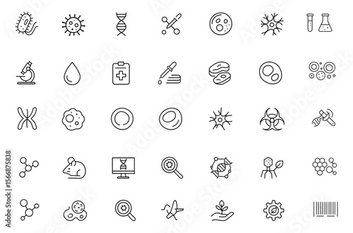 Scientific Biology Icon Set Vector – Microbiology, DNA, Virus, Cells, Neurons, Chromosomes, Stem Cells, Blood Cells, Leukocyte, Erythrocyte, Thrombocyte, Medical, Laboratory, Research,