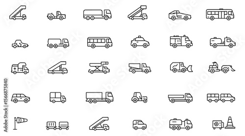 Airport Airside Vehicles Icon Set: Vector Illustrations of Pushback Tug, Mobile Stairs, Passenger Bus, Cargo Loader, Baggage Carts, Belt Loader, Airport Transport, Aviation Equipment
