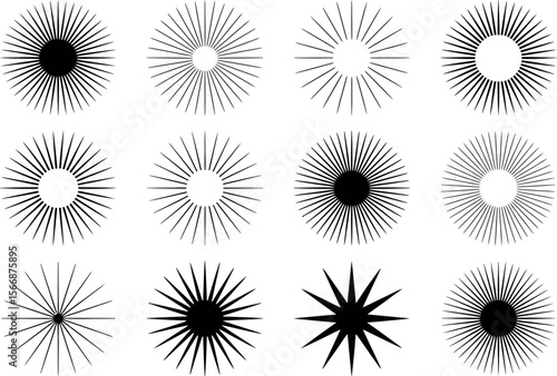 Monochrome starburst and sunburst icon collection, abstract burst shapes, retro vector, vintage decorative elements, classic design
