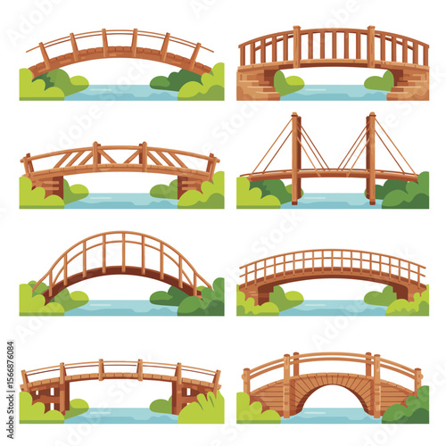 Collection of eight charming wooden garden bridges spanning calm blue water