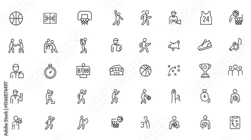Basketball Icon Set Vector | Adjustable Line Weight | Court, Hoop, Player, Dunk, Jersey, Score, Net, Match, Training, Arena, Team, Game, Sport, Athlete, Coach, Rebound, Slam, Shot