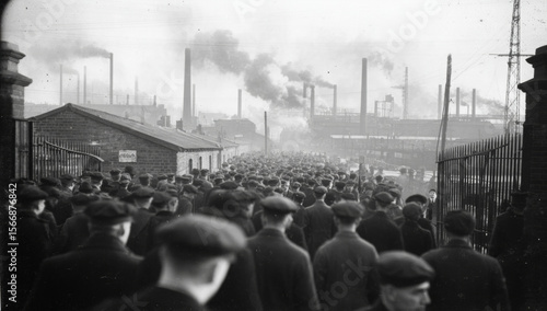 Industrial Revolution Factory Workers Entering Workplace - Historical Black and White Photo

