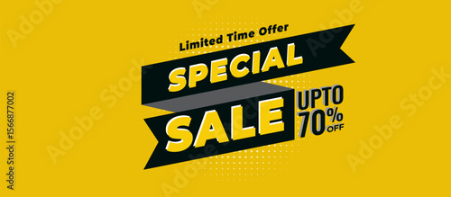 Bold SPECIAL SALE Graphic with 3D Yellow Text on Black Banner and UPTO 70% OFF Offer — Diagonal Ribbon Effect, Subtle Dot Texture, and Limited Time Callout for Promo Designs