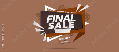 Final Sale Promotional Banner with Bold White Text on Angled Dark-Brown Speech Bubble — Limited Time Offer, 70% OFF Highlighted with Stylized Shapes on Terracotta Background