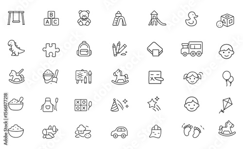 Playground and Preschool Vector Icon Set | Adjustable Line Weight | Teddy Bear, Blocks, Dinosaur, Swing, Puzzle, Backpack, Balloons, Crayons, Childhood Toys, Educational Symbols