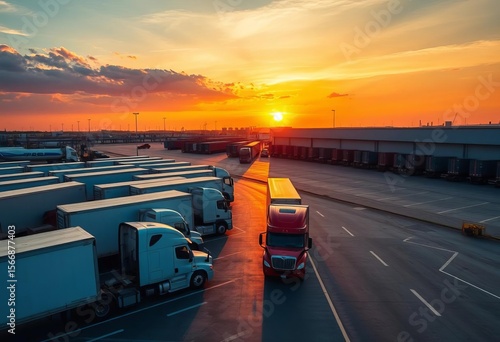 Sunset casts long shadows over a bustling logistics park, semi-trucks at loading docks,  distribution,  warehouse
