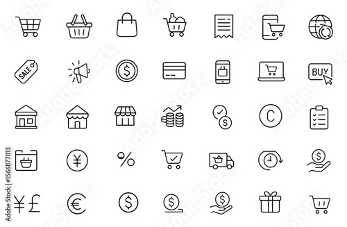 Modern shopping icon set with adjustable line weight, including cart, basket, bag, receipt, discount, promotion, sales, online store, retail, checkout, price, order, ecommerce