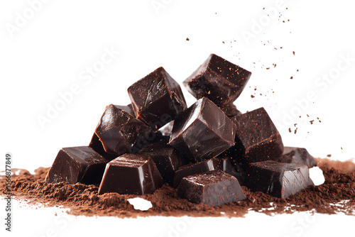 A pile of dark chocolate cubes on cocoa powder.