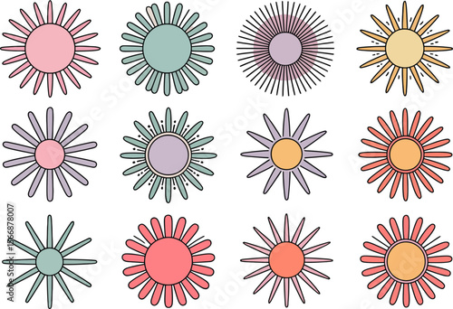 Hand drawn sunburst icon collection, decorative starburst elements, retro style vector, abstract burst shapes, vintage design