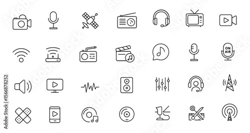 Broadcast Icon Set Vector | Adjustable Line Weight | Media Control, Camera, Microphone, Satellite, Radio, Stream, Headset, TV, Video, Signal, Podcast, Recording, Transmission, Technology