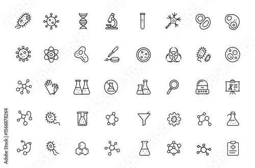 Biology and Science Vector Icon Set – Microscope, DNA, Virus, Bacteria, Cells, Molecules, Neuron, Laboratory, Test Tube, Flask, Germs, Beaker, Atom, Microbiology, Research