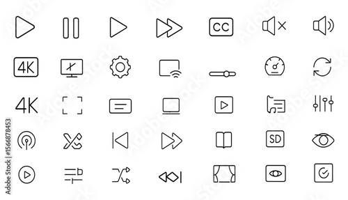 Video Player Icon Set Vector | Multimedia Playback Controls | Adjustable Line Weight | Play, Pause, Rewind, Fast Forward, Volume, Subtitles, HD, 4K, Fullscreen, Streaming, Settings, UI