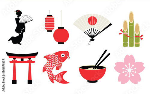 Japanese Cultural Icon Set – Geisha, Torii Gate, Lantern, and Traditional Elements in Silhouette Style