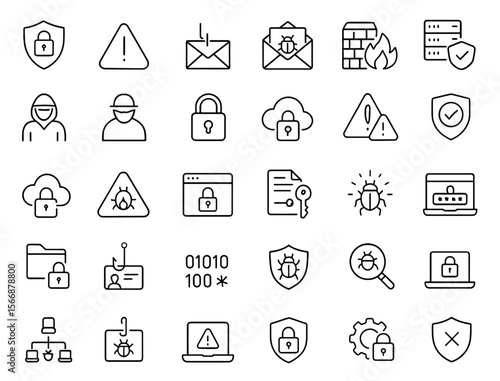 Cybersecurity Icon Set Vector | malware protection, phishing defense, firewall security, cloud encryption, virus alert, password lock, hacking threat, secure server, identity theft safeguard