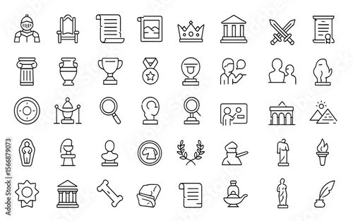Historical Museum Icon Set Vector | Adjustable Line Weight | Knight Helmet, Crown, Scroll, Painting, Trophy, Swords, Column, Artifact, Medal, Architecture, Document, Heritage