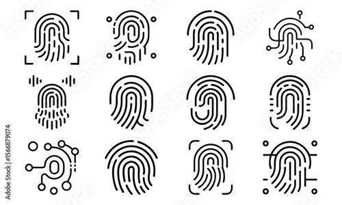 Set of black line fingerprint icons demonstrating security authentication and digital identification techniques