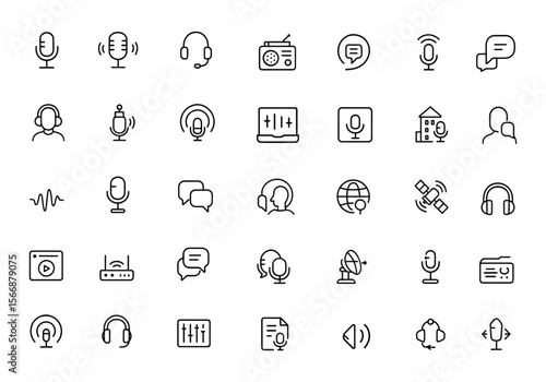 Podcast Icon Set Vector | Microphone, Headset, Radio, Voice, Broadcast, Streaming, Editing, Studio, Sound, Host, Listener, Laptop, Signal, Audio, Communication, Technology